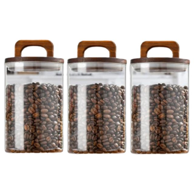 1Chase - Glass Food Storage Jar w/ Acacia Wood Lid - 1 L - 3pcs