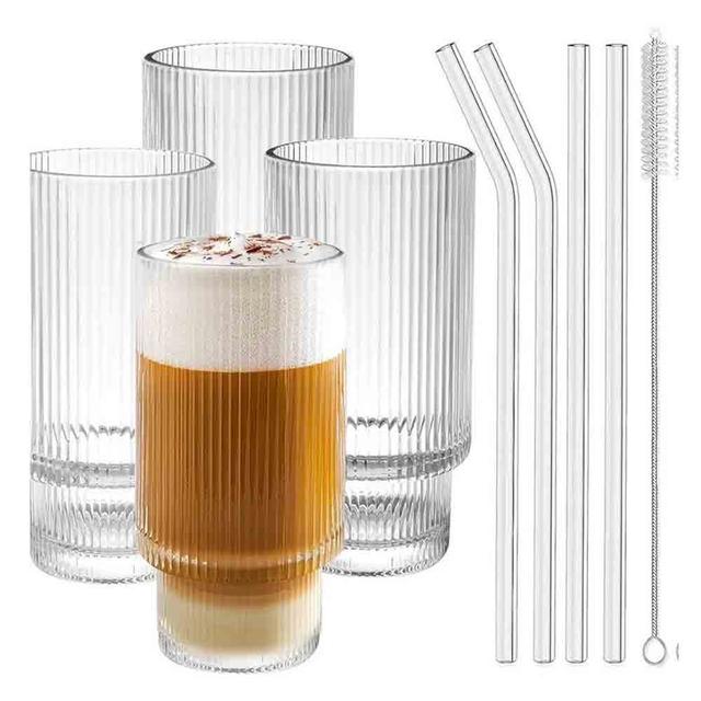 1Chase - Ribbed Drinking Glass With Straw - 450 ml - Pack of 4