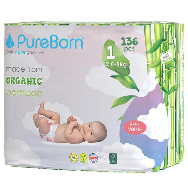 Pureborn - Master Pack Nappies Size 1 - 2.5-5kg - 136pcs - Design May Vary