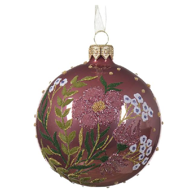 Kaemingk - Bauble Glass Enamel Flowers - 8 cm - Velvet Pink