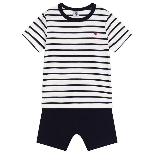 Petit Bateau - 2pc-Set - Boy's Short Pyjama And Stripes T-Shirt - White/Blue