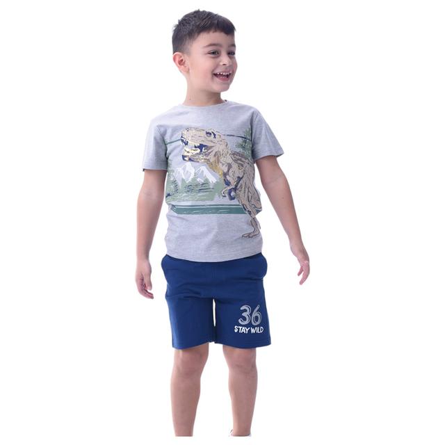 Victor and Jane - 2pc-Set - Boy's Cotton T-Shirt and Shorts - Grey/Navy