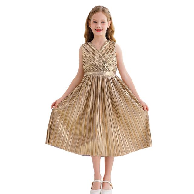 Le Crystal - Girl's V Shape Neck Sleeveless Party Dress - Gold