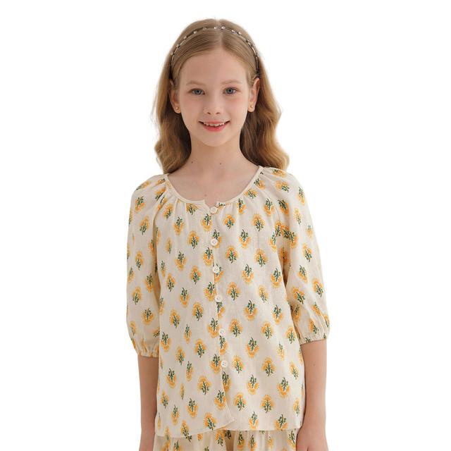 Le Crystal - Girl's Round Neck Half Sleeve Blouse - Beige