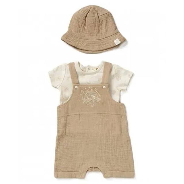 Home Grown - 3pc-Set - Printed T-Shirt, Dungaree w/ Cap - White/Beige