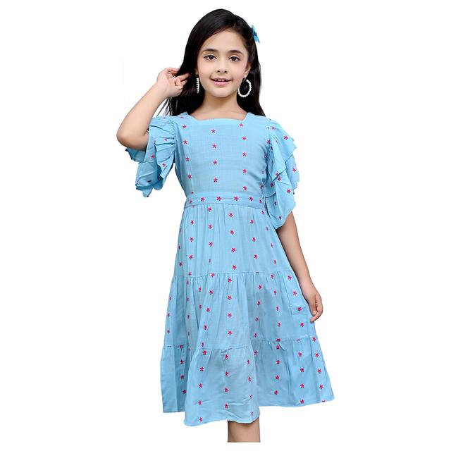 Flower Girl - Girl's Square Neck Plain Dress - Blue/Red