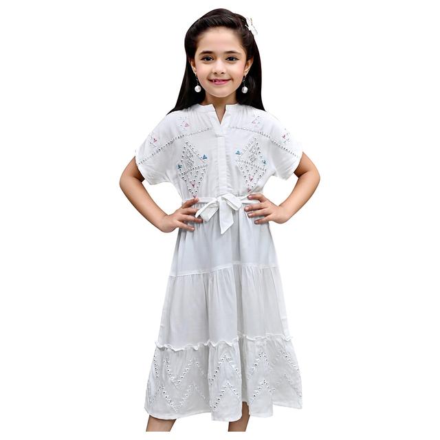 Flower Girl - Girl's V Shaped Neck Plain Dress - White