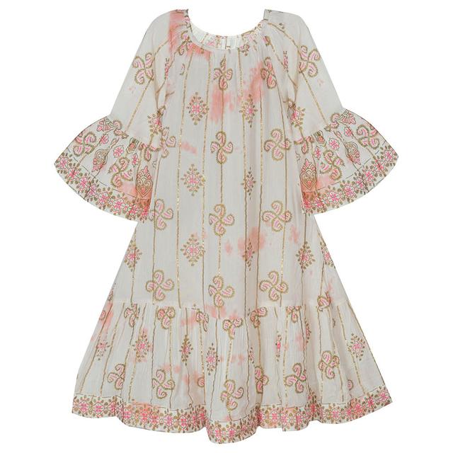 Flower Girl - Girl's Round Neck Printed Dress - White/Orange