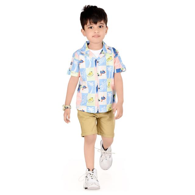 Genius - 3pc-Set - Boy's Printed Shirt w/ Inner And Shorts - Beige