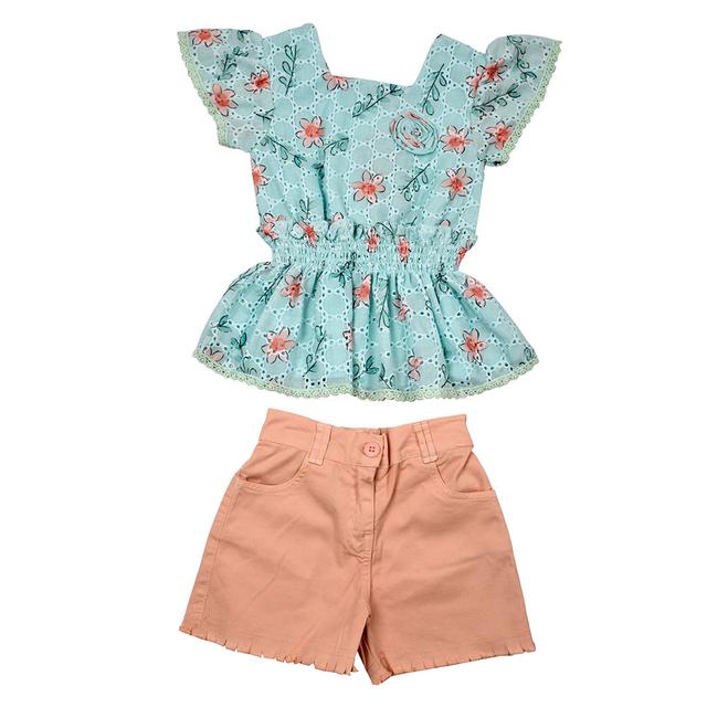 Smart Baby - 2pc-Set - Flare Sleeve Top w/ Shorts - Mint/Pink