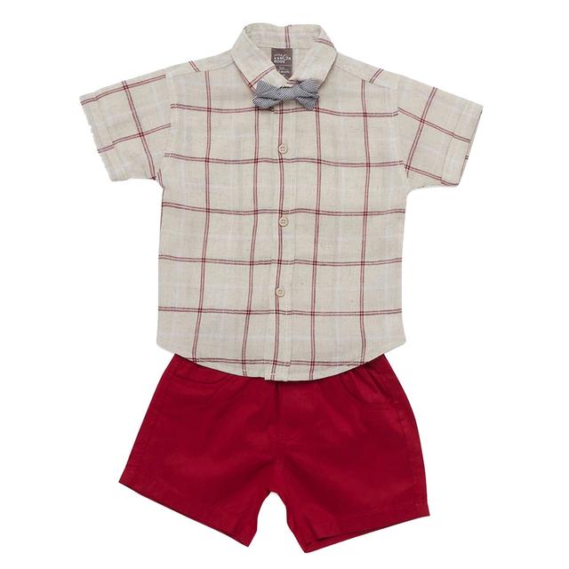 Little Kangaroos - 3pc-Set - Baby Boy Checks Shirt, Bow & Shorts - Cream/Maroon