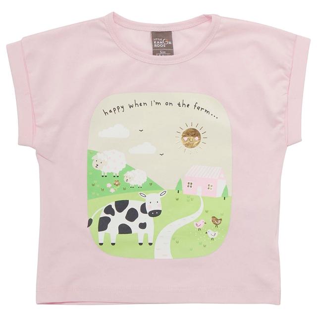 Little Kangaroos - Baby Girl Round Neck Cow Print T-Shirt - Baby Pink