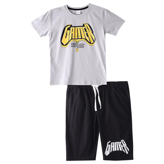 Genius - 2pc-Set - Boy Half Sleeve T-shirt With Bermuda - Light Grey/Black