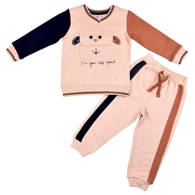 Smart Baby - 2pc-Set - Baby Boy V Neck Sweatshirt And Joggers - Cream