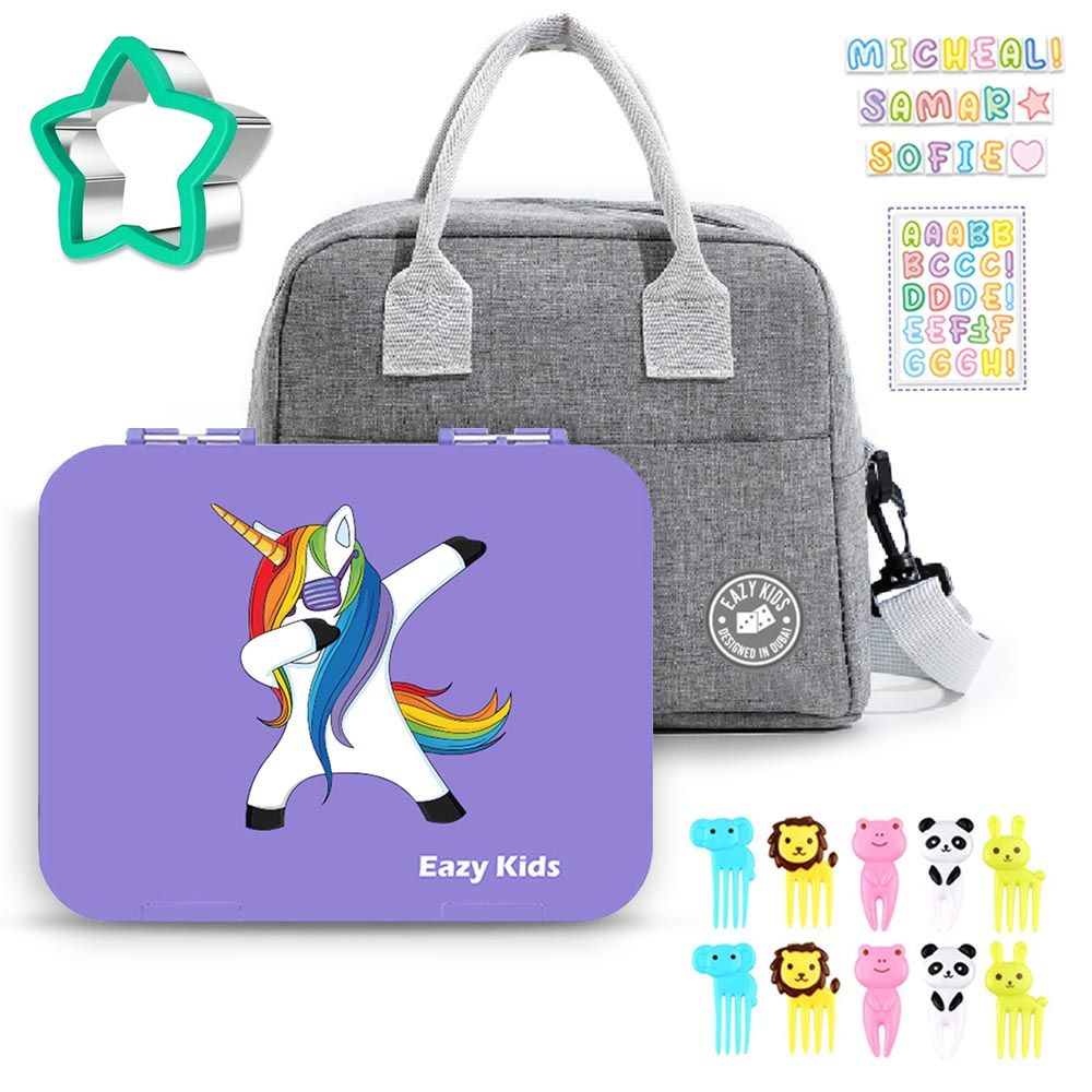 Eazy Kids 6 Compartment Bento Lunch Box w/ sandwich cutter- Unicorn Purple