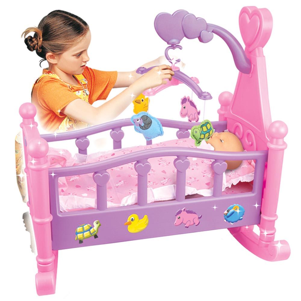 Lolmot Baby Bed for Dolls Pretend to Play, Feed and Care for Baby Girl,  Bathtub and Bed Set (11 Pieces) 