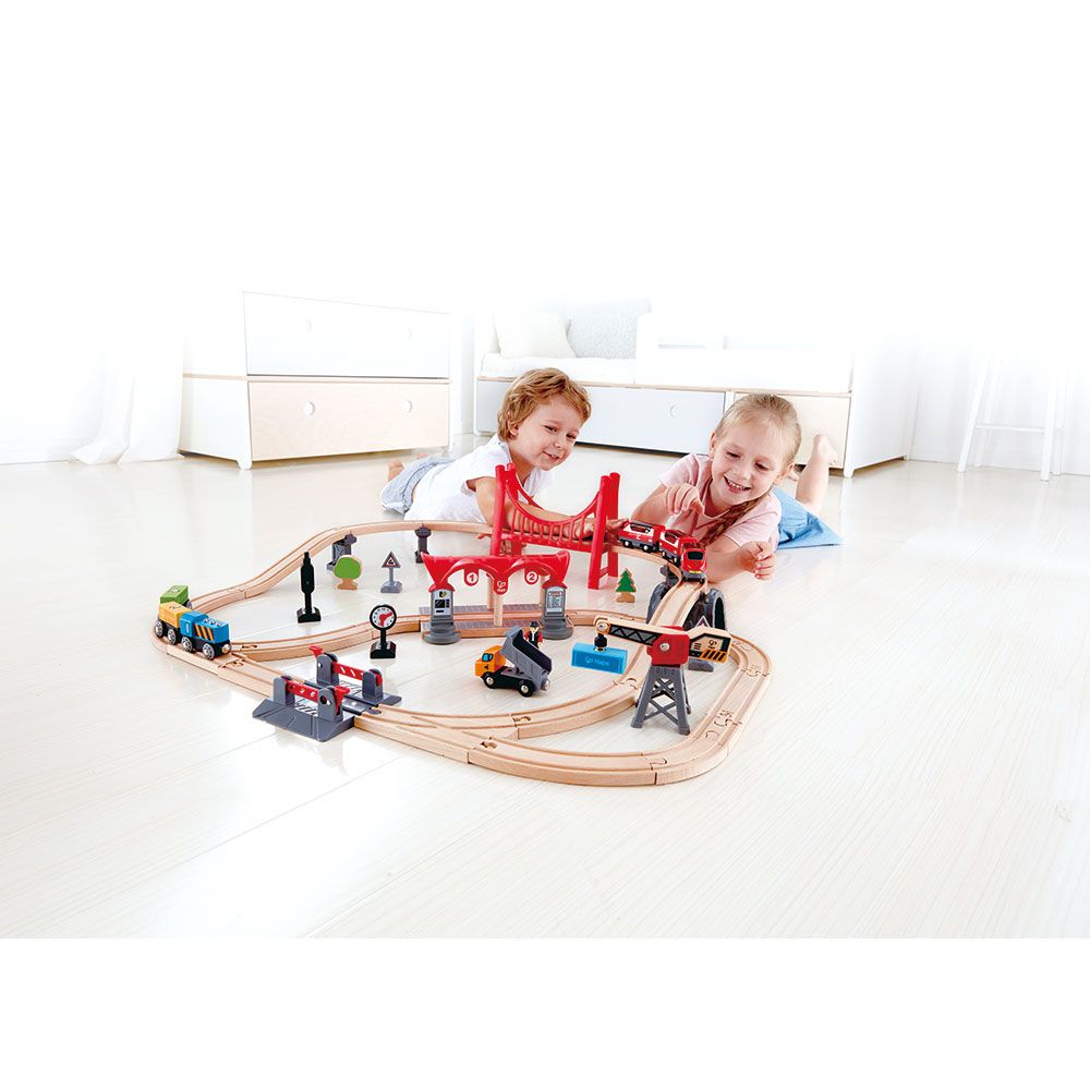 Hape Railway Mighty Mountain Train Set- Multi-Level Play W/ Crane, Conveyor  Belt, Bridge