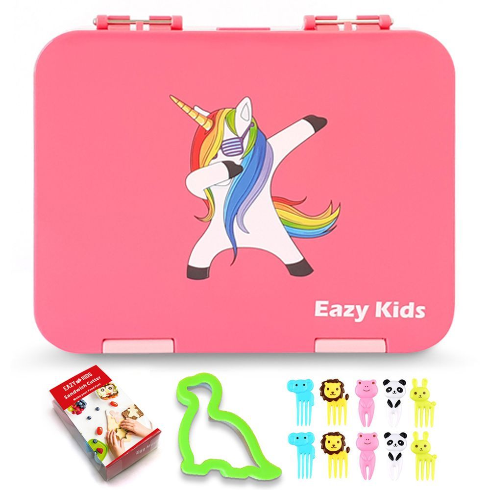 Eazy Kids 6 Compartment Bento Lunch Box w/ sandwich cutter- Unicorn Purple