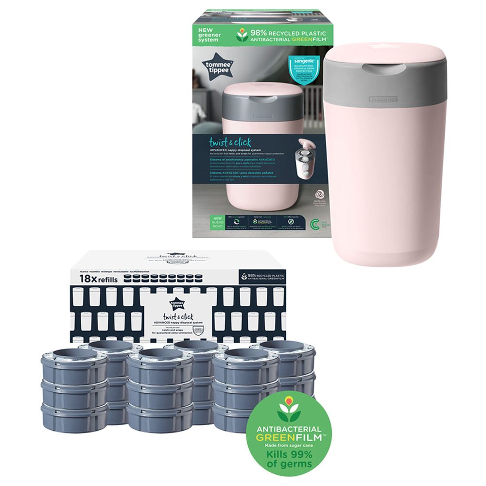 Tommee Tippee Poubelle à couches Twist & Click Advanced rose, recharge  Greenfilm