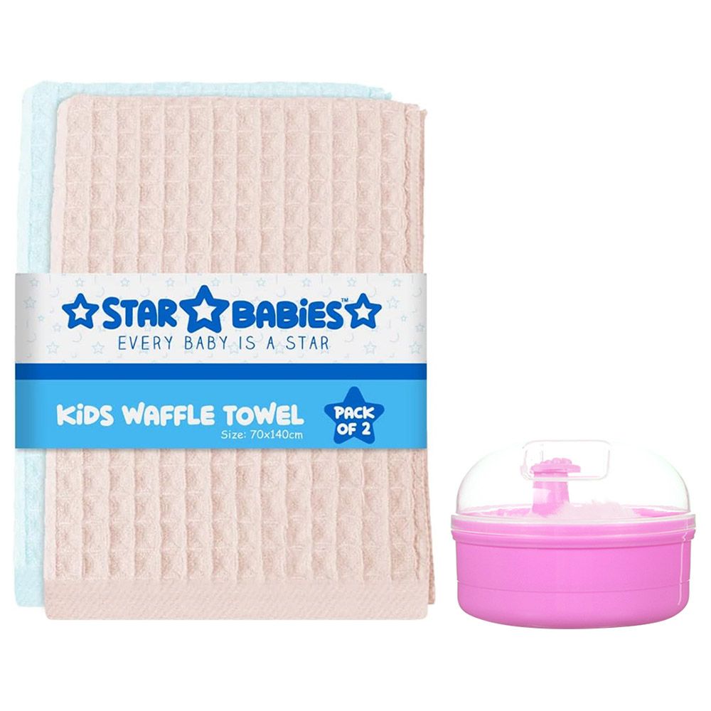 Star Babies - Waffle Towel - 2pcs - 70 x 140cm With Kids Powder Puff - Pink