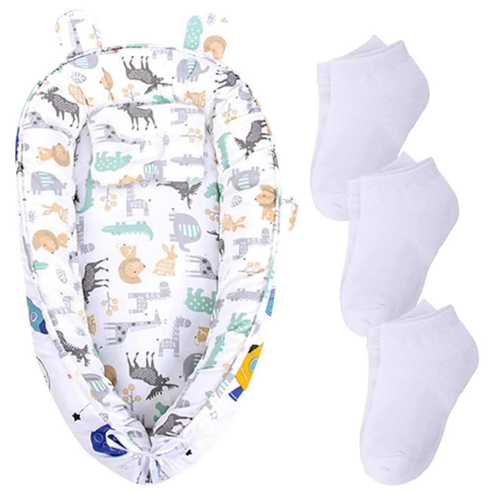 Star Babies - Lounger Sleeping Bed With Kids Socks 3pcs - White Printed