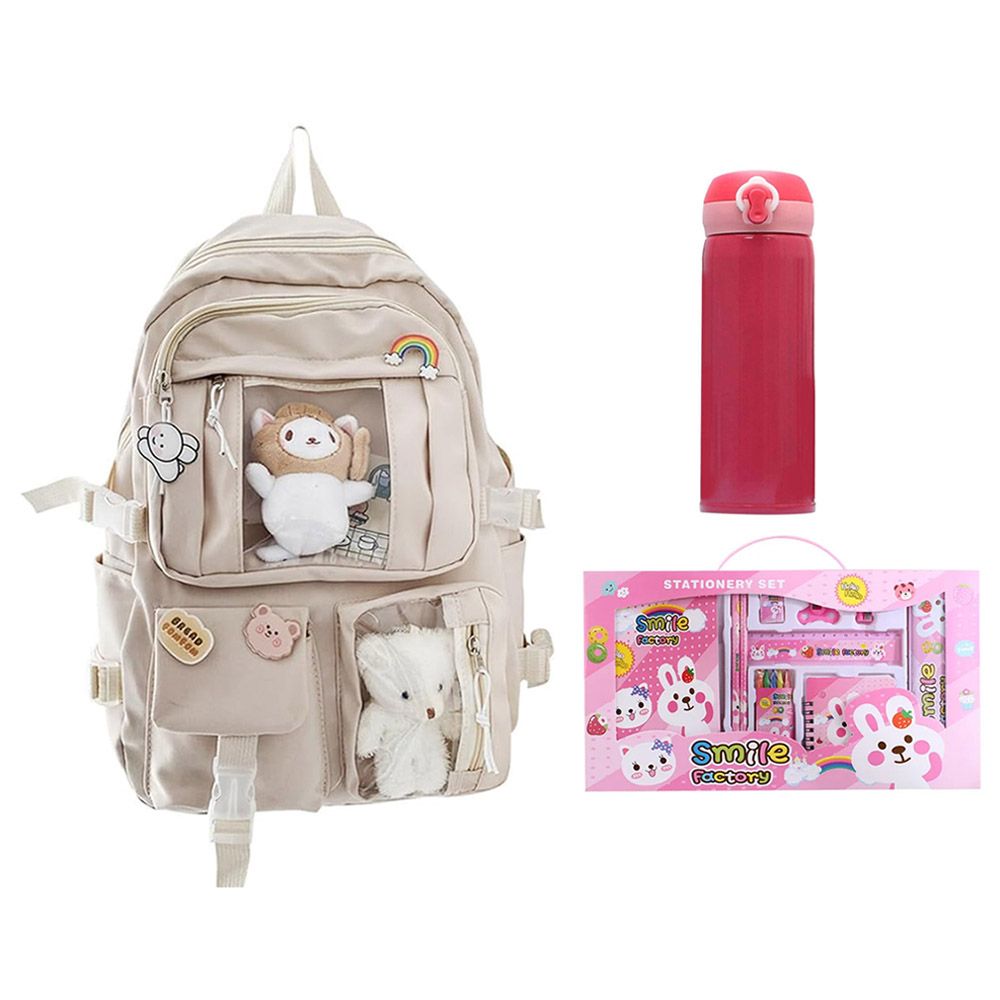 Star Babies - School Bag 19.69-Inch With Water Bottle 300ml & Stationery Set 10pcs - Khaki