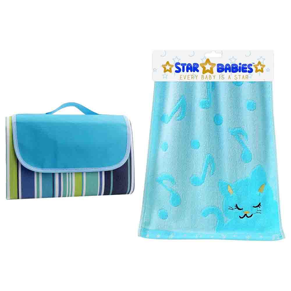 Star Babies - Waterproof Beach Mat With Bamboo Towel - Blue