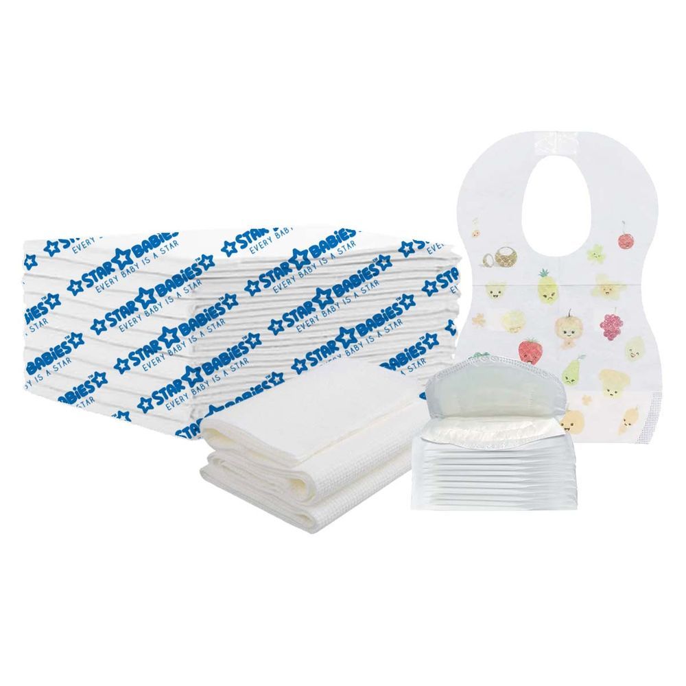 Star Babies - Disposable Changing Mat 15pcs, Bibs 15pcs, Breast Pad 15pcs, Disposable Towel 3pcs - White