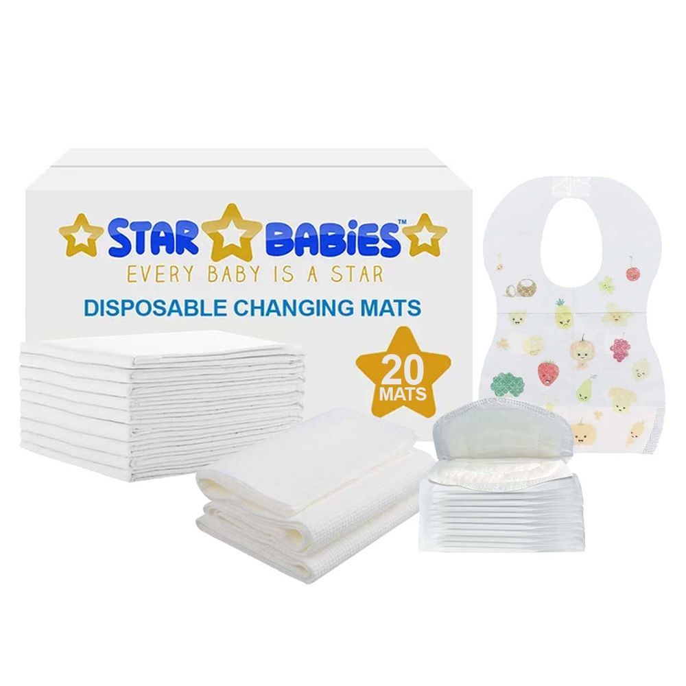 Star Babies - Disposable Changing Mat 20pcs, Bibs 20pcs, Breast Pad 20pcs, Disposable Towel 3pcs - White