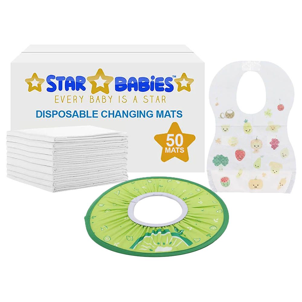 Star Babies - Changing Mat 50pcs, Bibs 50pcs w/ Green Shower Cap - White