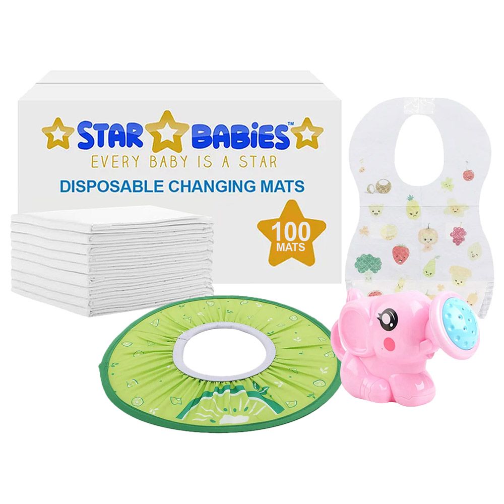 Star Babies - Changing Mat 100pcs, Bibs 100pcs w/ Pink Kettle Toy & Green Shower Cap - White