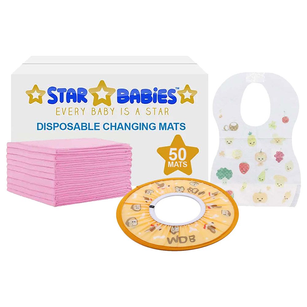 Star Babies - Changing Mat 50pcs, Bibs 50pcs w/ Orange Shower Cap - Pink