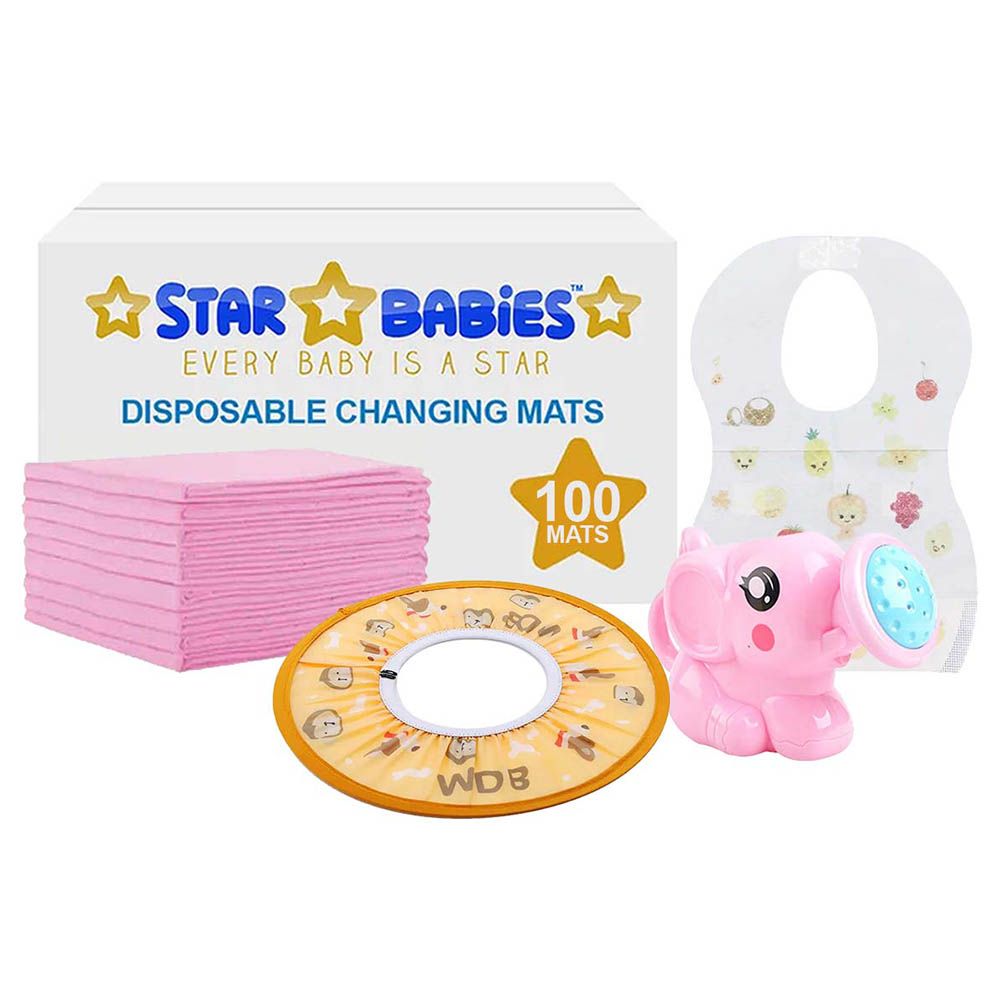 Star Babies - Changing Mat 100pcs, Bibs 100pcs w/ Pink Kettle Toy & Orange Shower Cap - Pink