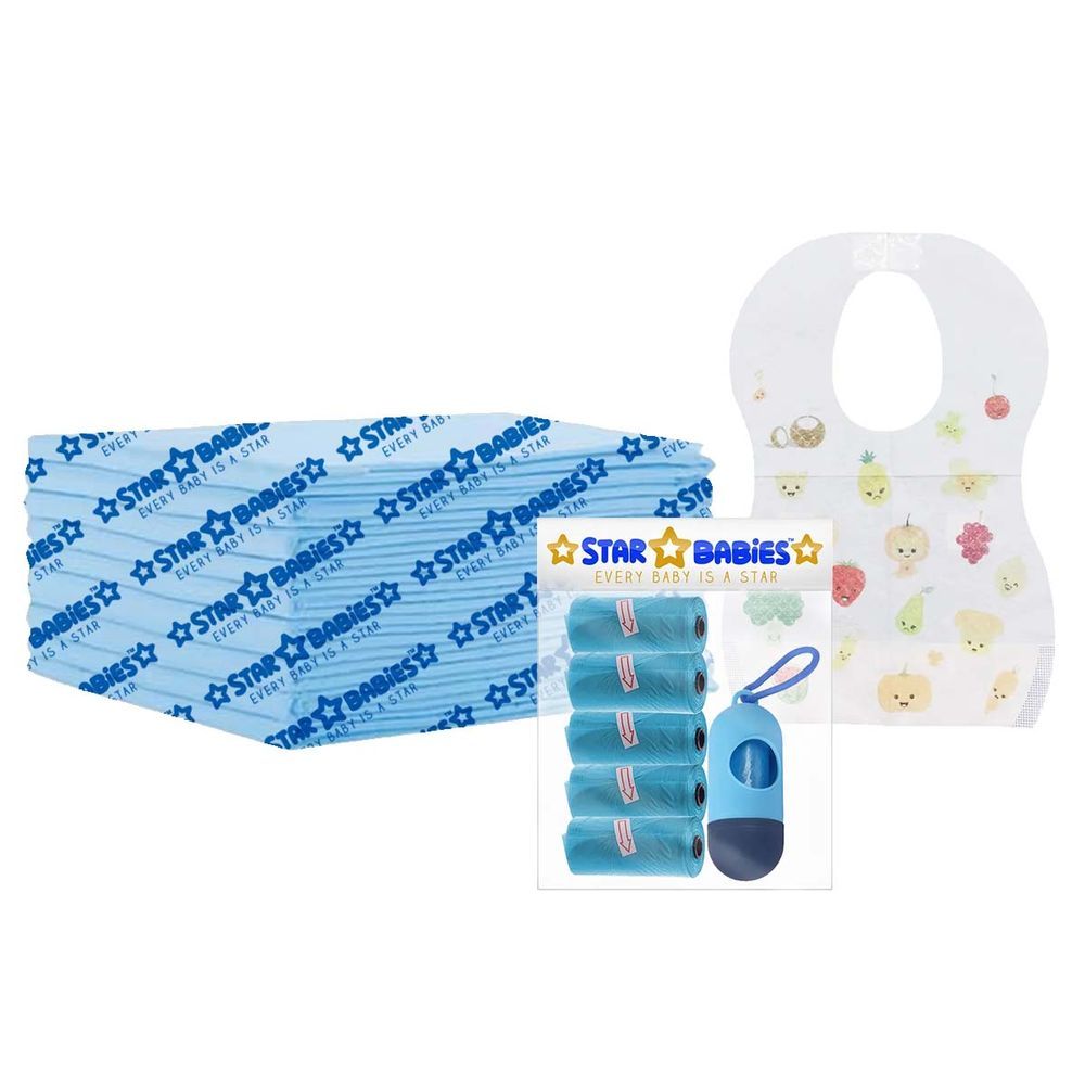 Star Babies - Changing Mat 15pcs Scented Bag w/ Dispenser 75pcs & Bibs 15pcs - Blue