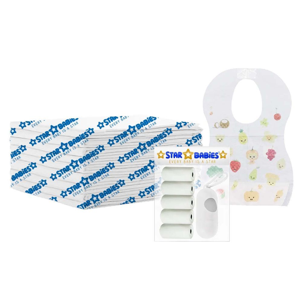 Star Babies - Changing Mat 15pcs Scented Bag w/ Dispenser 75pcs & Bibs 15pcs - White