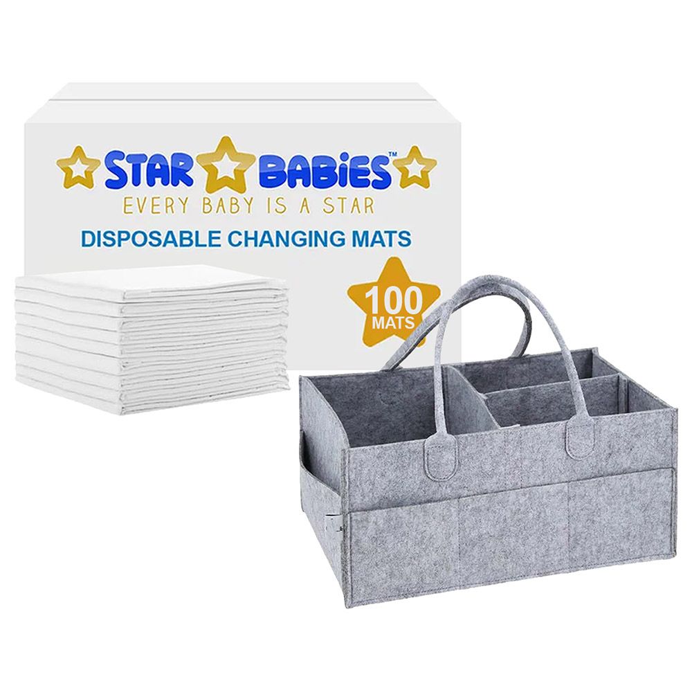 Star Babies - Regular Diaper Caddy Organizer w/ Disposable Changing Mat 100pcs - Grey