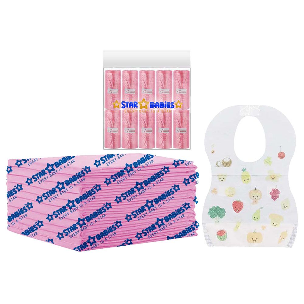 Star Babies - Disposable Changing Mat 10pcs & Scented Bag 10pcs W/ Disposable Bibs 10pcs - Pink