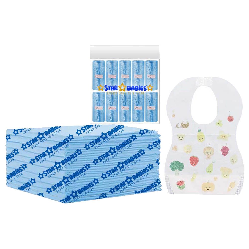 Star Babies - Disposable Changing Mat 10pcs & Scented Bag 10pcs W/ Disposable Bibs 10pcs - Blue