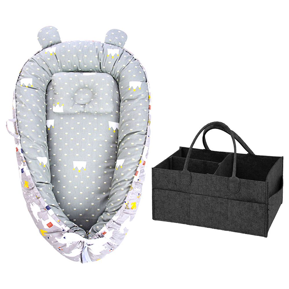 Star Babies - Baby Bed Sleeping Pod - Grey w/ Caddy Diaper Organizer - Black