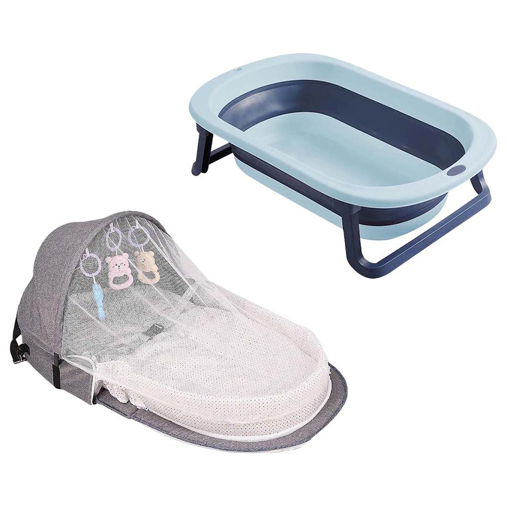 Star Babies - Baby Mosquito Bed w/ Foldable Bathtub - Grey/Blue