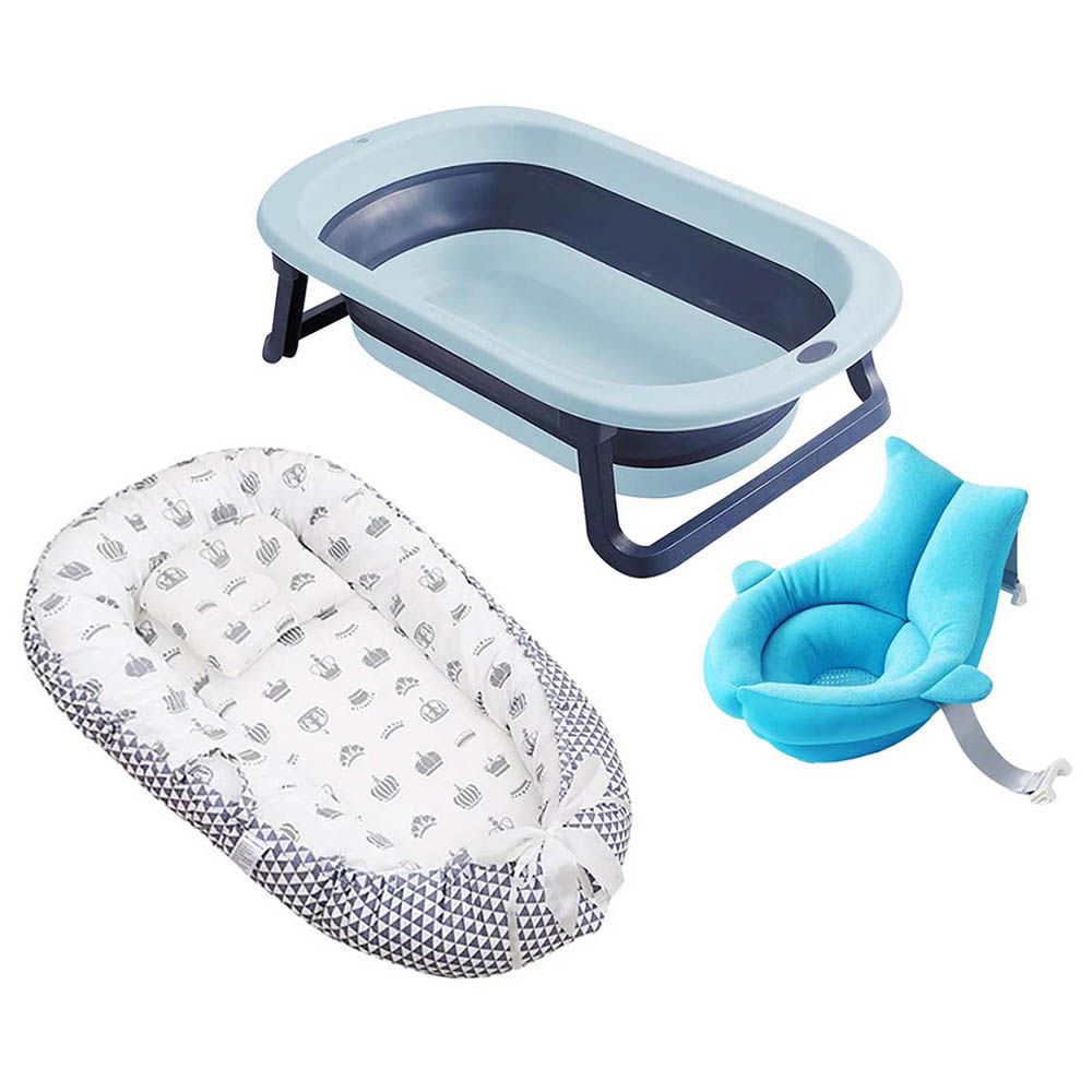 Star Babies - Baby Mosquito Bed Pod w/ Foldable Bathtub & Baby Sink Bather - Grey/Blue