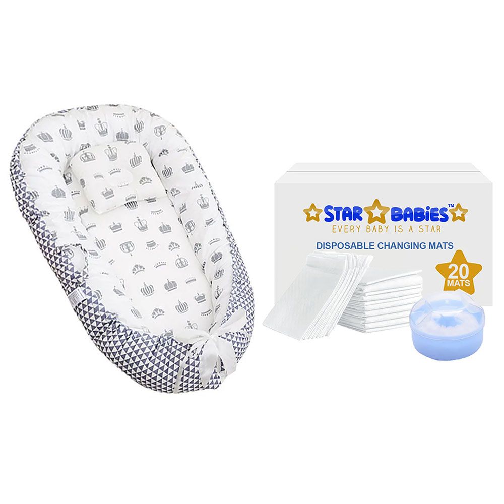 Star Babies - Baby Sleeping Bed Pod Grey w/ Changing Mat - 20pcs & Powder Puff - Blue