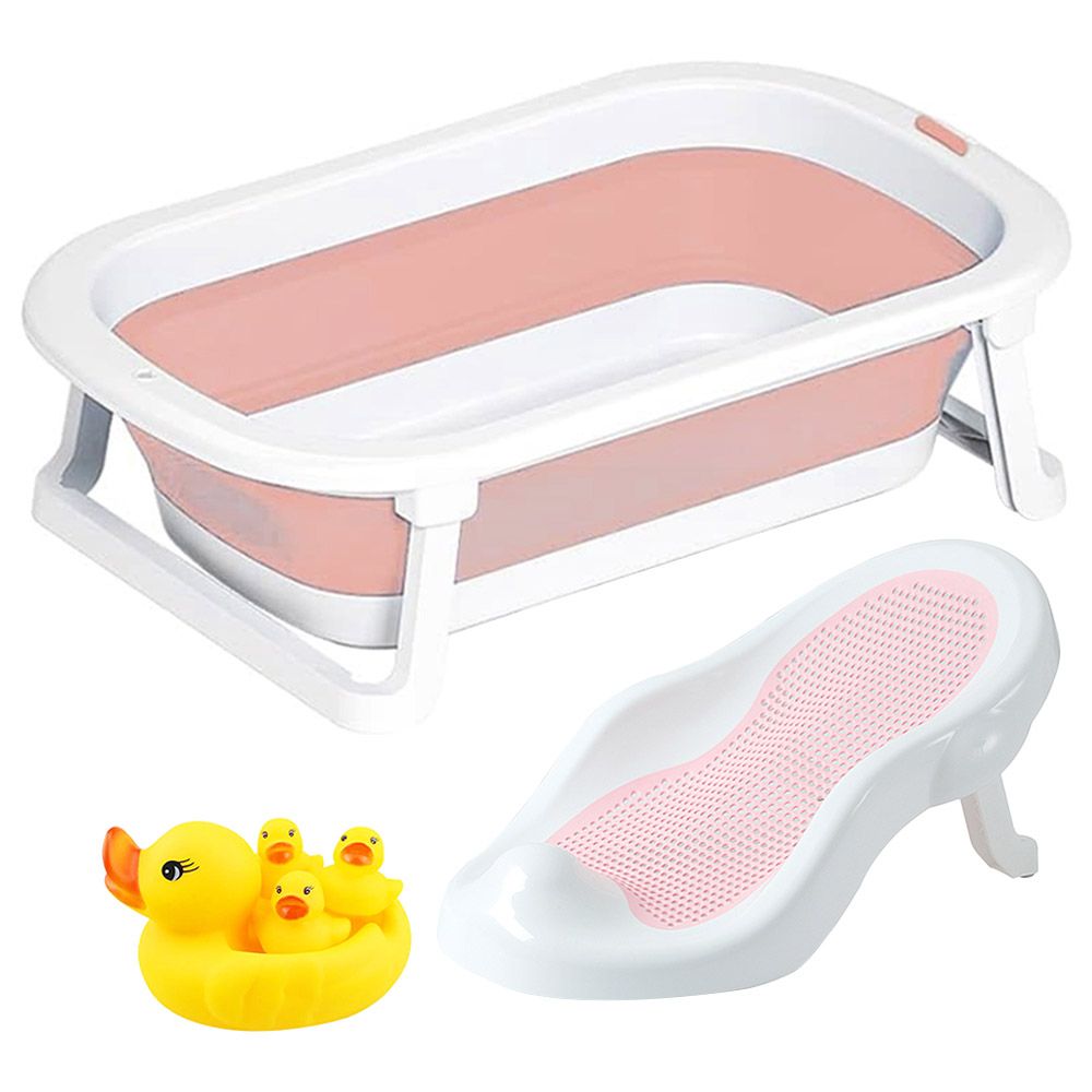 Star Babies - Foldable Bathtub w/ Recline & Rinse Bather & Rubber Duck 4pcs - Pink