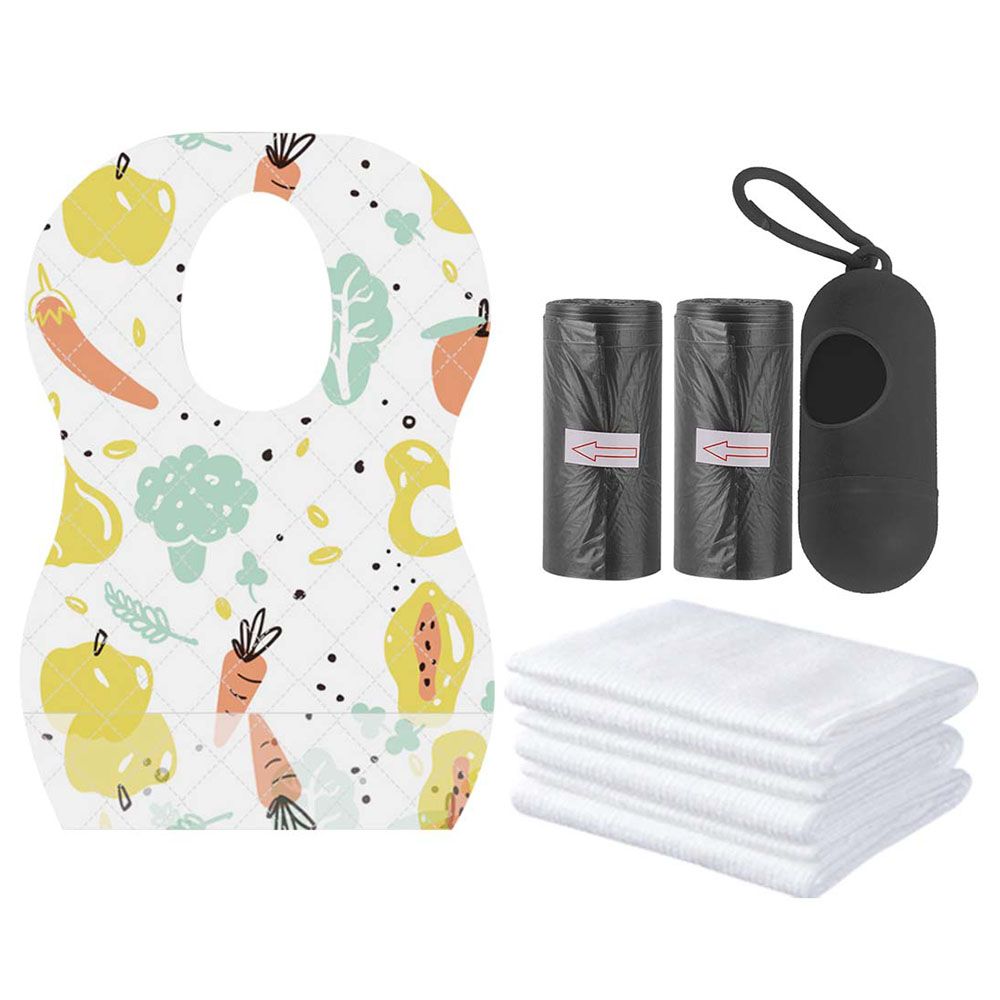 Star Babies - Disposable Bibs Fruits Print 5pcs, Disposable Towel 3pcs, Scented Bag 2pcs & Dispenser - Black