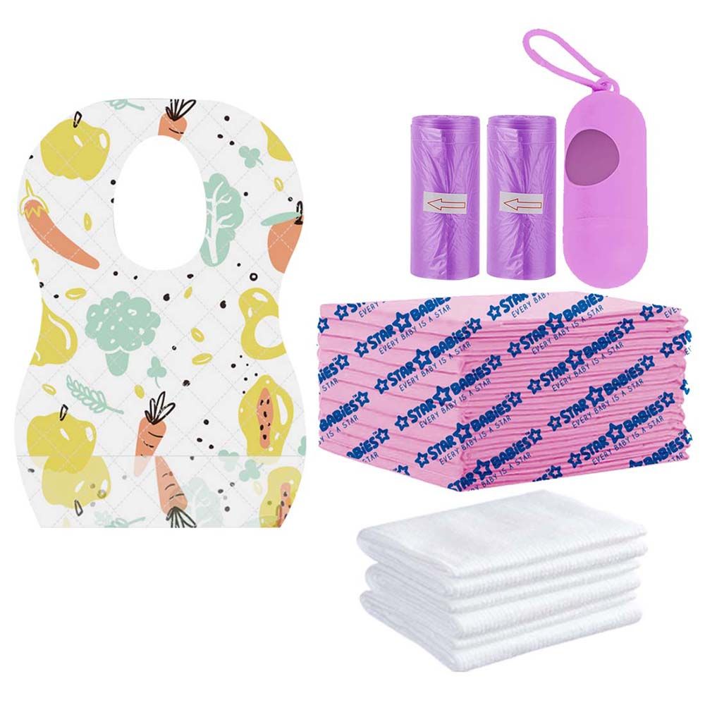 Star Babies - Disposable Bibs Fruits Print 5pcs, Disposable Towel 3pcs, Scented Bag 2pcs & Dispenser, Changing Mat 10pcs - Lavender