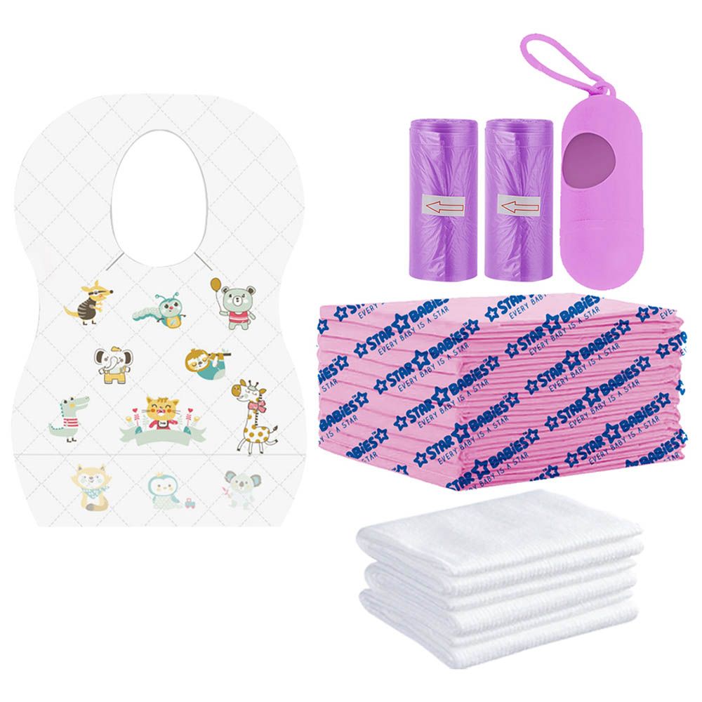 Star Babies - Disposable Bibs Animal Print 5pcs, Disposable Towel 3pcs, Scented Bag 2pcs & Dispenser, Changing Mat 10pcs - Lavender