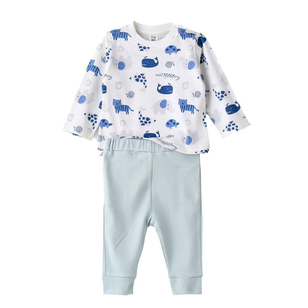 Tiny Hug - Baby Boy T-Shirt & Pants Set - Blue Animals