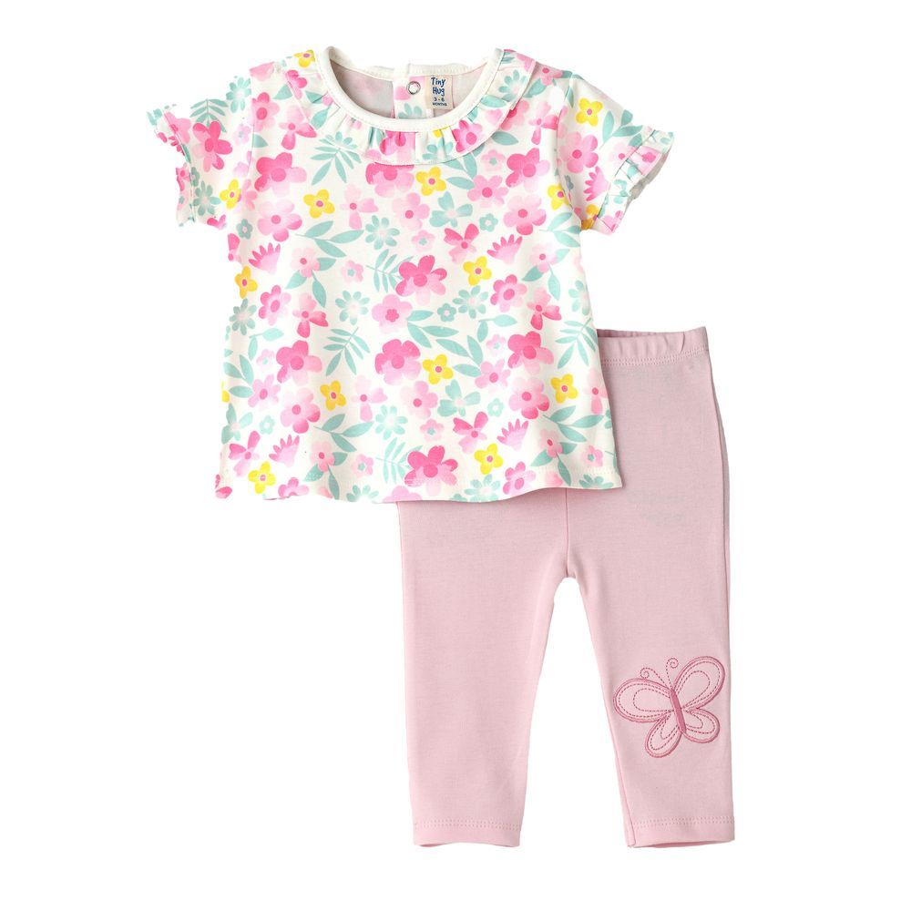 Tiny Hug - Baby Girl T-Shirt And Leggings Set - Floral Pink