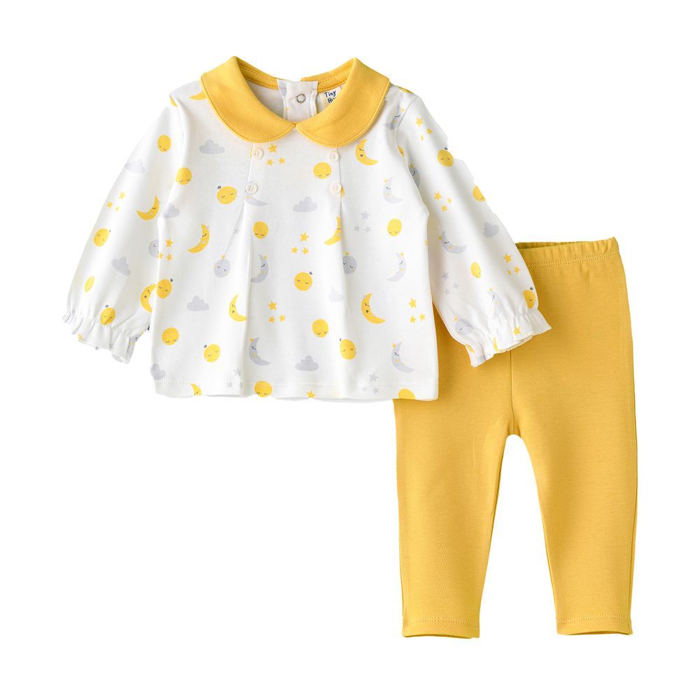 Tiny Hug - Girls' Long Sleeve Top And Leggings Set - Moon & Stars Yellow