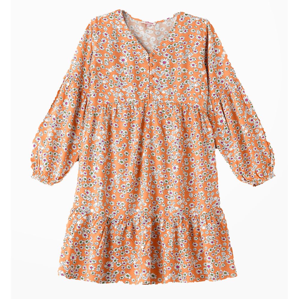 Jelliene - Girls' Floral Puff Sleeves Dress - Orange